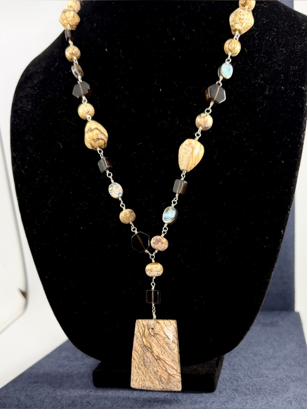 DESERT ROSE TRADING Jay King Sand Jasper Smoky Quartz Abalone Statement Necklace